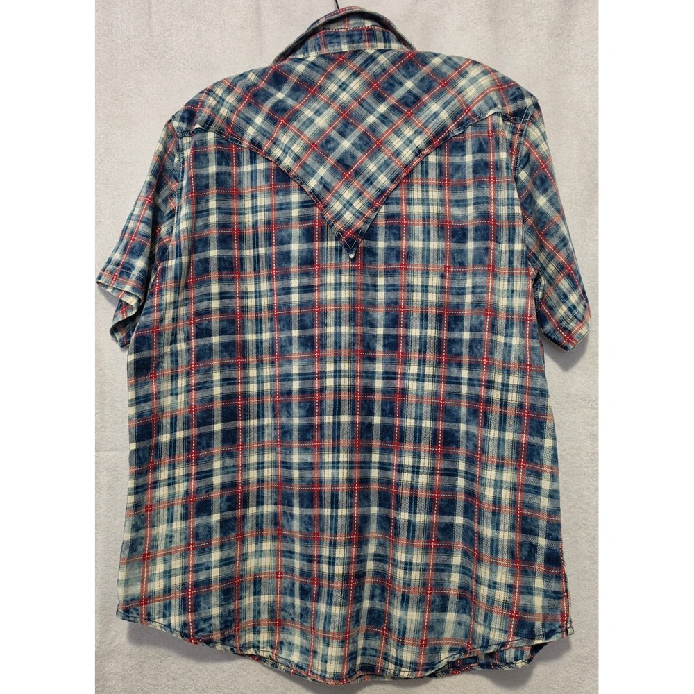 Ryan Michael Mens Indigo Acid Wash Plaid Western Short Sleeve Snap Shirt M - Picture 2 of 6